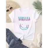 Smile Face Nirvana Baskılı T-Shirts - Beyaz - XL