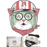 Sticker Usta Kasklı Kedi Vespa Sticker Motosiklet Kask Oto Arabo Sticker 00278 - 20x18 Cm - Renkli