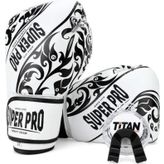 Süper Pro Beyaz Üzeri Siyah Işlemeli Deri Boks Eldiveni 12 Oz