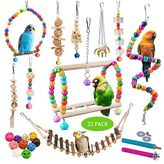 Sysmashing 22 Paket Kuş Muhabbet Kuşu, Papağan Salıncağı Çiğneme Asılı Oyuncak, Güvenli Zilli, Kuş kafesi Renkli Tırmanma Halatı Doğal Ahşap Merdiven Bungee Oyuncakları