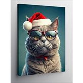 Tablomega Kanvas Tablo Noel Baba Şapkalı Kedi