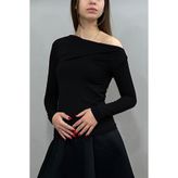 Tam Moda Kadın Siyah Düşük Omuz Uzun Kol Bluz