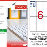 Tanex TW-2106 70x148.5 mm 100'lü Sökülebilir Etiket