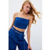 Taş Askılı Saten Crop Bluz - Mavi