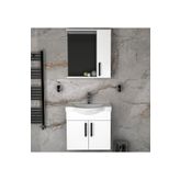 Tasarım Lacrime 65 cm Beyaz Renkli Mdf, Oval Seramik Lavabolu, Alt ve Üst Dolaplı, Banyo Dolabı Takımı