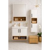 Tasarım Legna 65 cm Beyaz-Ahşap Renkli Mdf, Seramik Lavabolu Alt - Üst ve Boy Dolaplı Banyo Dolabı Seti