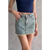 Taşlı Püsküllü Eskitme Mini Denim Etek