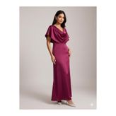 Tavie Luna Satin Drapeli Maxi Elbise – Bordo