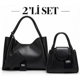 Tbg Çanta 2li Set Büyük Boy Hobo Yavrulu Çanta ve Asklı Mini Boy El Çantası - Siyah