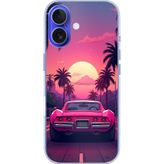 Techtree iPhone 16 Uyumlu Palmiye Neon Pembe Araba Baskılı Silikon Kılıf