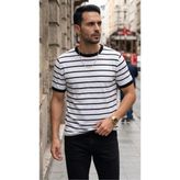 Teenage Millionaire Erkek İnce Beyaz Siyah Çizgili Bisiklet Yaka Örme Triko Dokulu Düz Kısa Kol Regular Kalıp Tişört