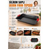 Teflon Kaplamalı Fırın Tepsisi - Yanmaz Silikon Tutacaklı 304 Paslanmaz Çelik Derin Dikdörtgen - Çok Renkli