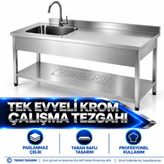Tek Evyeli Krom Çalışma Tezgahı, Paslanmaz , - 190 x 60 x 85 cm
