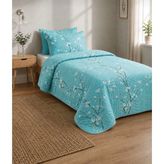 Tek Kişilik Kapitone Pike Seti Sakura Desen 160X230 - Turkuaz - 160 x 230 cm