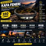 Tekno Hediye Kafa Feneri 350 Lümen USB Şarjlı 5 Mod 230° Geniş Aydınlatma Hareket Sensörlü Type-C 1200MAH Ipx4 LED Başlık Feneri Kamp Yürüyüş Balık Avı Oto Tamir Acil Durum - Siyah