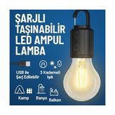 TeknoKapsül Şarjlı Taşınabilir LED Ampul Lamba – USB ile Şarj Edilebilir, 3 Kademeli Işık, Asma Kancalı & Kamp, Bahçe, Dolap, Balkon, Banyo Için Acil Aydınlatma (3200K) - Beyaz