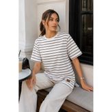 Tenra Kadın Beyaz Çizgili Oversize Kısa Kol Basic Tunik Tişört
