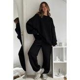 The Champ Clothing Kadın Double Oversize Eşofman Takımı Basic Siyah – Bisiklet Yaka, Lastikli Paça, 3 İplik Polar