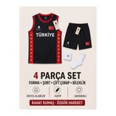 The RAVEN PREMİUM TÜRKİYE ÖZEL SERİ KIRMIZI SİYAH BASKETBOL FORMASI 4 PARÇA FORMA + ŞORT + ÇORAP + BİLEKLİK