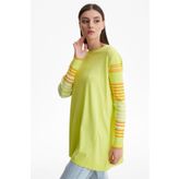Tığ Triko Kolları Çizgili Basic Rayon Triko Tunik Lıme