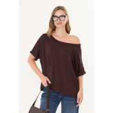 Tight Lady Kahverengi Doğal Viskon Kadın Kayık Yaka Düşük Omuz Salaş Duble Kol Pamuklu Yumuşak Dokulu Basic Bluz