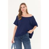 Tight Lady Lacivert Doğal Viskon Kadın Kayık Yaka Düşük Omuz Salaş Duble Kol Yumuşak Dokulu Basic Bluz