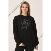 To Cosmos Cat Baskılı Siyah Kadın Sweatshirt