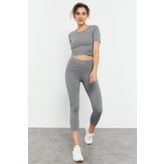Tommy Life 95285 Gri Melanj Yüksek Bel Kapri-Crop T-Shirt Slim Fit Kadın Tayt Takımı