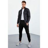Tommy Life Antrasit-Siyah Dik Yaka Fermuarlı Standart Kalıp Manşetli Erkek Eşofman Takım - 85160 - 2XL - Antrasit - Siyah