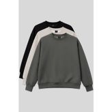 TOMMY LIFE Basic Oversıze O Yaka 3lü Paket Siyah-Haki- Bej Kadın Sweatshirt - 97053