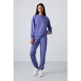 TOMMY LIFE Eflatun Basic Pamuklu O Yaka Rahat Form Lastik Paça Kadın Eşofman Takım - 95287