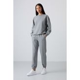 Tommy Life Gri Melanj Basic Pamuklu O Yaka Rahat Form Lastik Paça Kadın Eşofman Takım - 95287 - 2XL