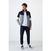 TOMMY LIFE Gri Melanj - Lacivert Dik Yaka Renk Geçişli Içi Polarlı Erkek Eşofman Takımı - 85186