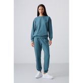 Tommy Life Orman Yeşili Basic Pamuklu O Yaka Oversize Lastik Paça Kadın Eşofman Takım - 95287 Yeşil