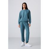 TOMMY LIFE Orman Yeşili Basic Pamuklu O Yaka Rahat Form Lastik Paça Kadın Eşofman Takım - 95287