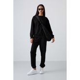 TOMMY LIFE Siyah Basic Pamuklu O Yaka Rahat Form Lastik Paça Kadın Eşofman Takım - 95287