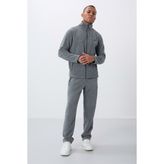 Tommylife 85193 Gri Melanj Dik Yaka Basic Fermuar Cepli Standart Kalıp Erkek Polar Eşofman Takımı