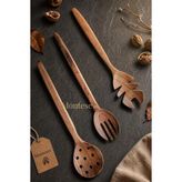 Tr Doğal Ceviz Ağacı Ahşap Tahta Kaşık Spatula Kevgir Çatal Seti Ağaç Kaşık (3 Lü Set) - Çok Renkli