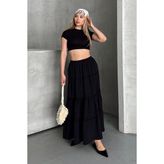 Trendparis Basic Astarlı Pileli Kadın Uzun Etek - Siyah - XL