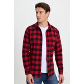 Tudors Erkek Slim Fit Dar Kesim Uzun Kollu Cepli Kareli Dama Desenli Kışlık Oduncu Gömlek - XL - Kırmızı - Siyah