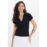 Tudors Kadın Slim Fit Dar Kesim Pamuklu Polo Yaka Kısa Kollu Siyah Tişört