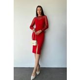 Tül Detaylı Midi Elbise - Kırmızı