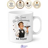Tupya Gift Garson Tepsi Taşıyan Güler Yüzlü Hizmet Temalı Baskılı Porselen Kupa Bardak Hediye