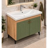 Turkuaz Lavabolu 100 cm Haki Yeşil Membran Kapaklı Banyo Dolabı - Yeşil - Ahşap