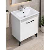 Turkuaz Lavabolu 55 cm Beyaz Banyo Dolabı Siyah Kulplu Ayaklı Model - Açık Beyaz - Gri