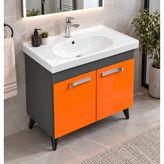 Turkuaz Lavabolu 80 cm Turuncu Antrasit Banyo Dolabı