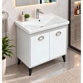 Turkuaz Lavabolu 90 cm Beyaz Banyo Dolabı - Çift Kapaklı , Ayaklı , Hazır Montajlı - Açık Beyaz - Gri