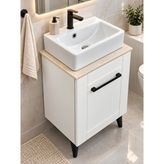 Turkuaz Tezgah Üstü Lavabolu 41 cm Mini Banyo Dolabı - Krem Renk Membran Kapaklı - Siyah Kulplu ve Ayaklı