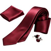 Unisex Düz Slim Fit Klasik Mendilli Saten Kravat - Bordo