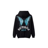 Unisex Oversize Kelebek Baskılı Kalın Kapüşonlu Sweatshirt Siyah